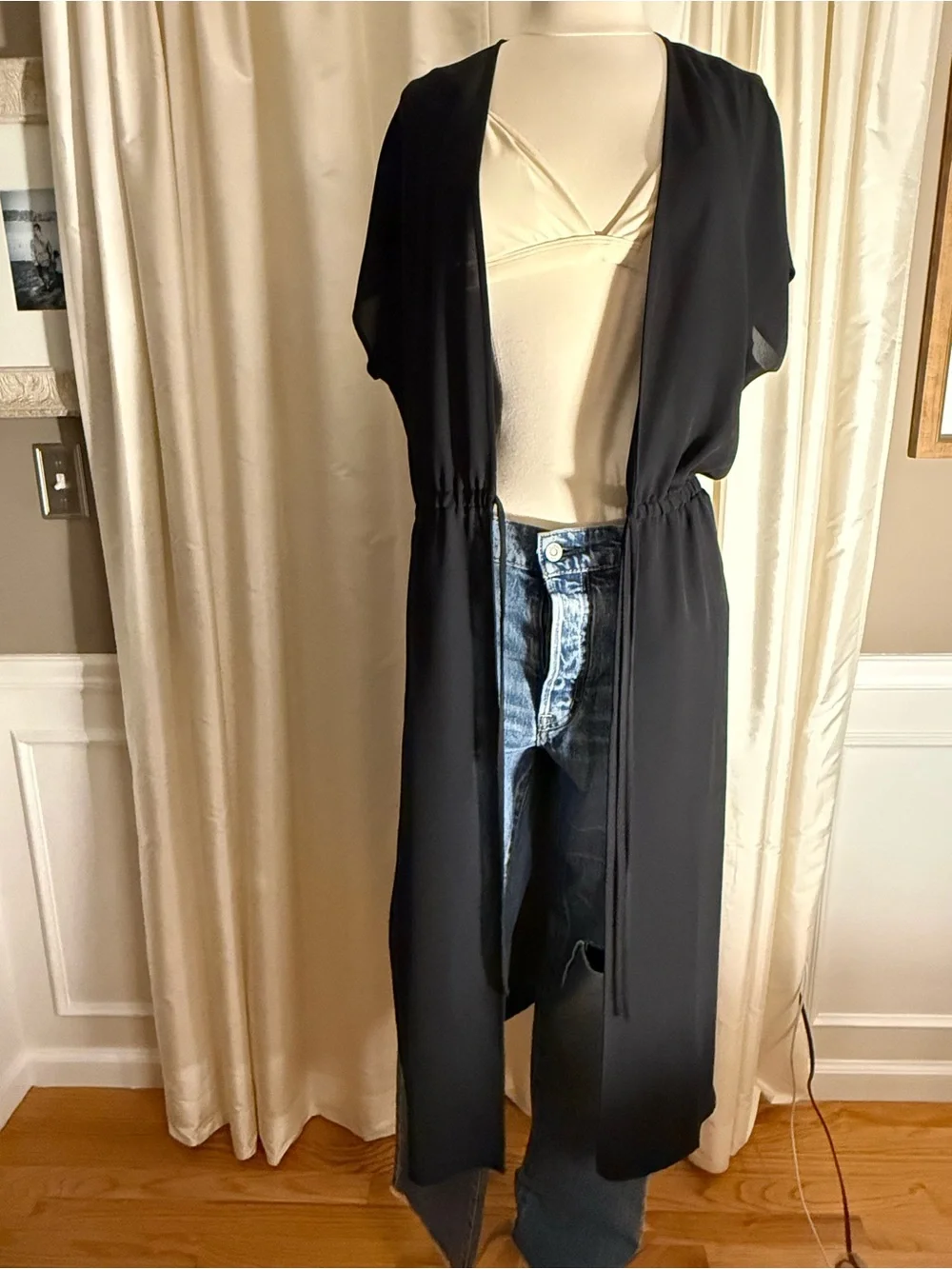 J. Jill Black Sheer Open-Front Duster with Tie